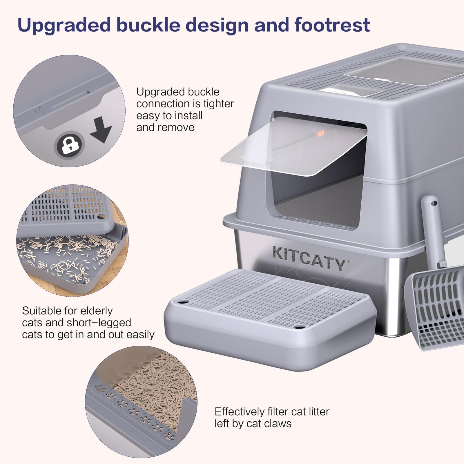 KITCATY raised footrest helps filter litter and aids seniors or short-legged cats.