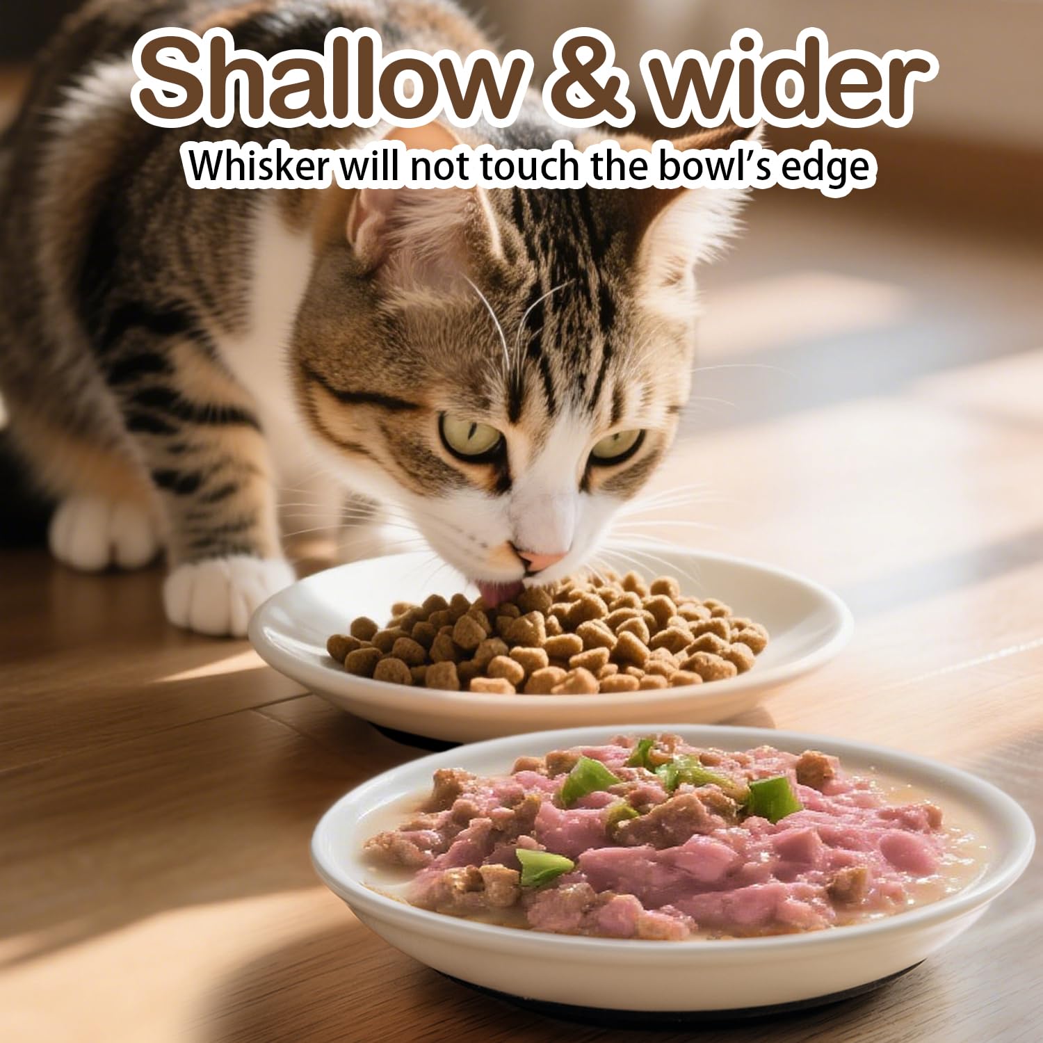KITCHENLESTAR cat bowl whisker-friendly design reduces whisker contact during feeding.