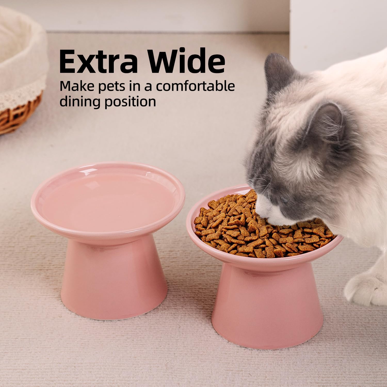 KITCHENLESTAR elder-cat meal pink bowl in use emphasizes easy access for seniors