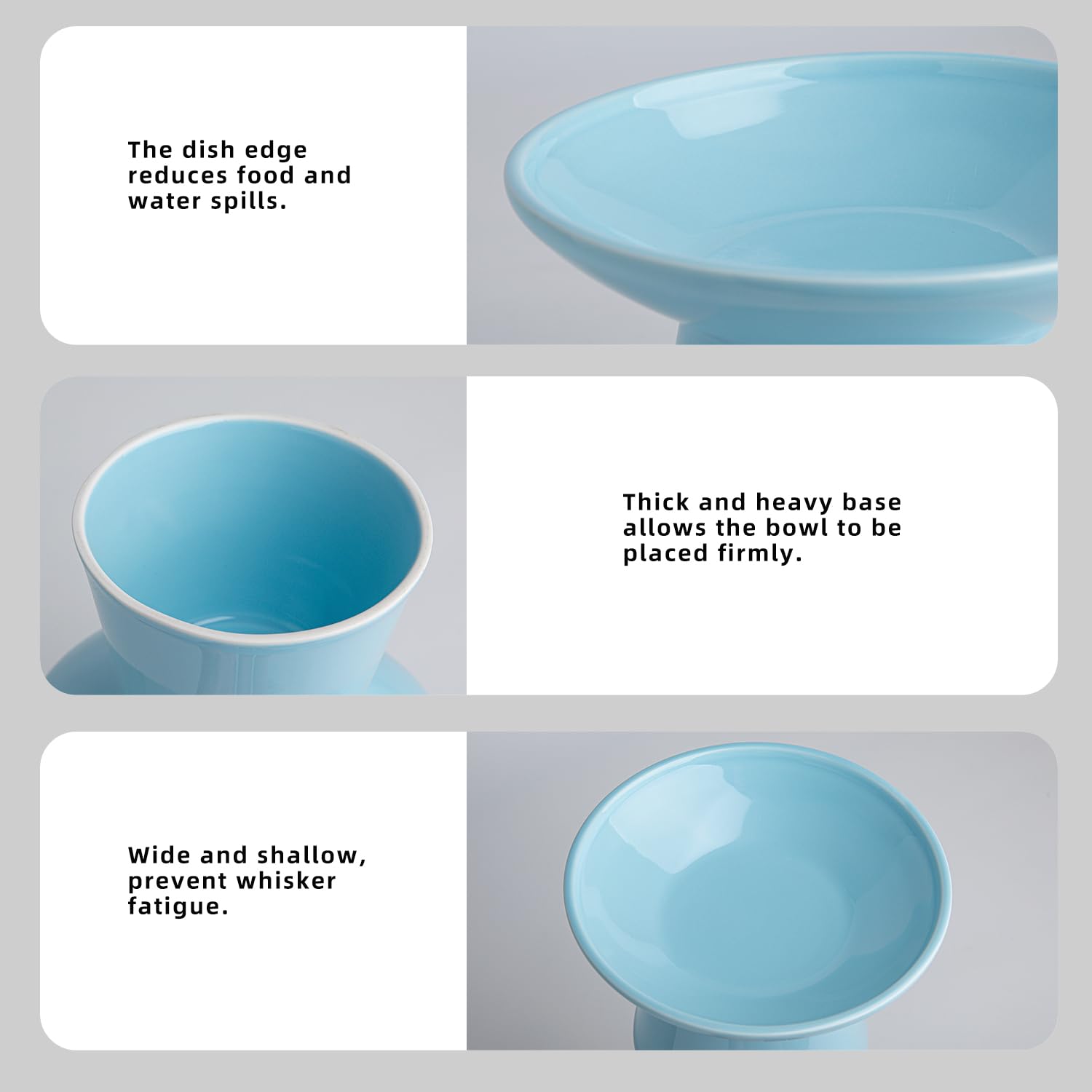 KITCHENLESTAR elevated cat bowls blue illustrated for elder-cat use and easier bending while eating.