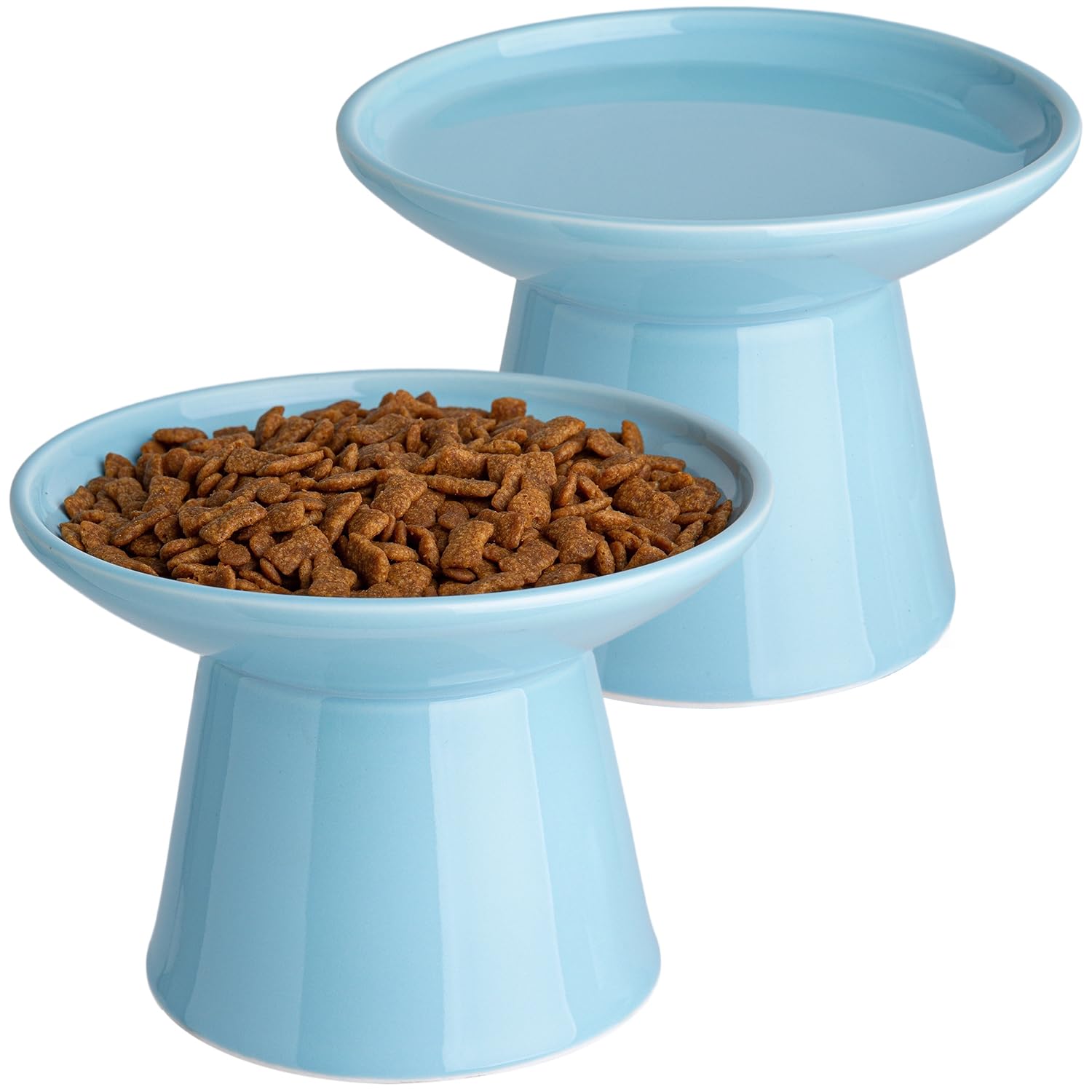 KITCHENLESTAR elevated cat bowls wide blue front view showing whisker-friendly design for easy meals.