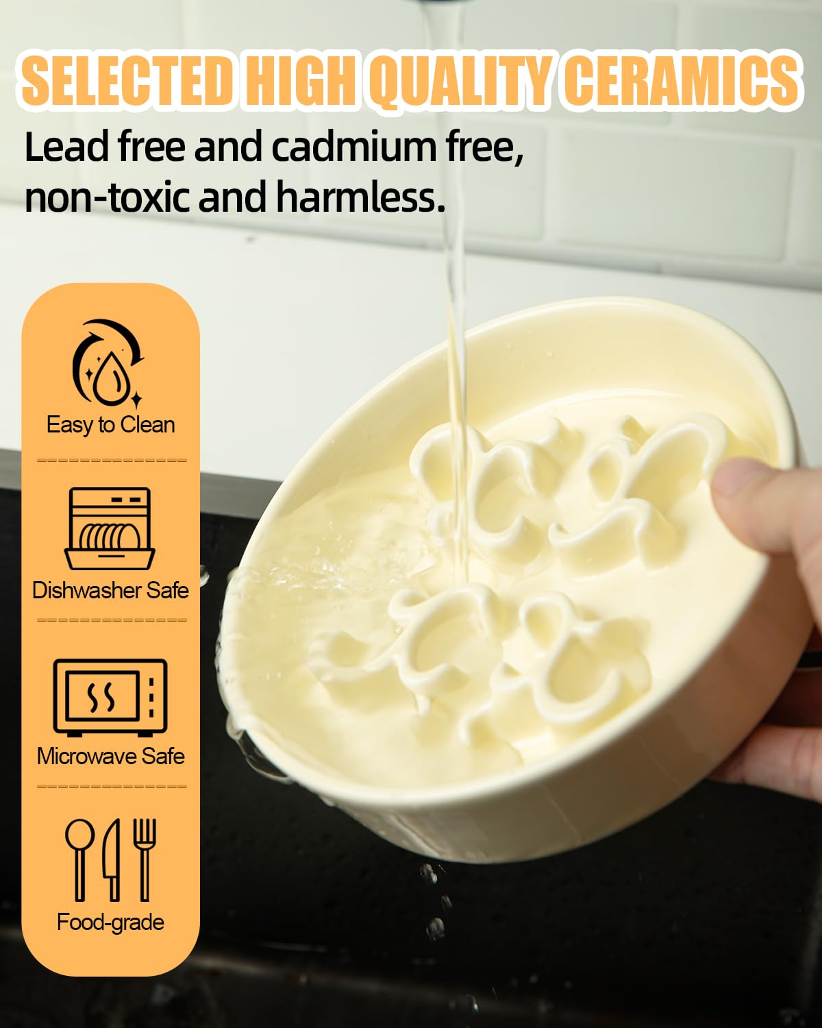KITCHENLESTAR yellow ceramic bowl with non-slip base reduces spills.