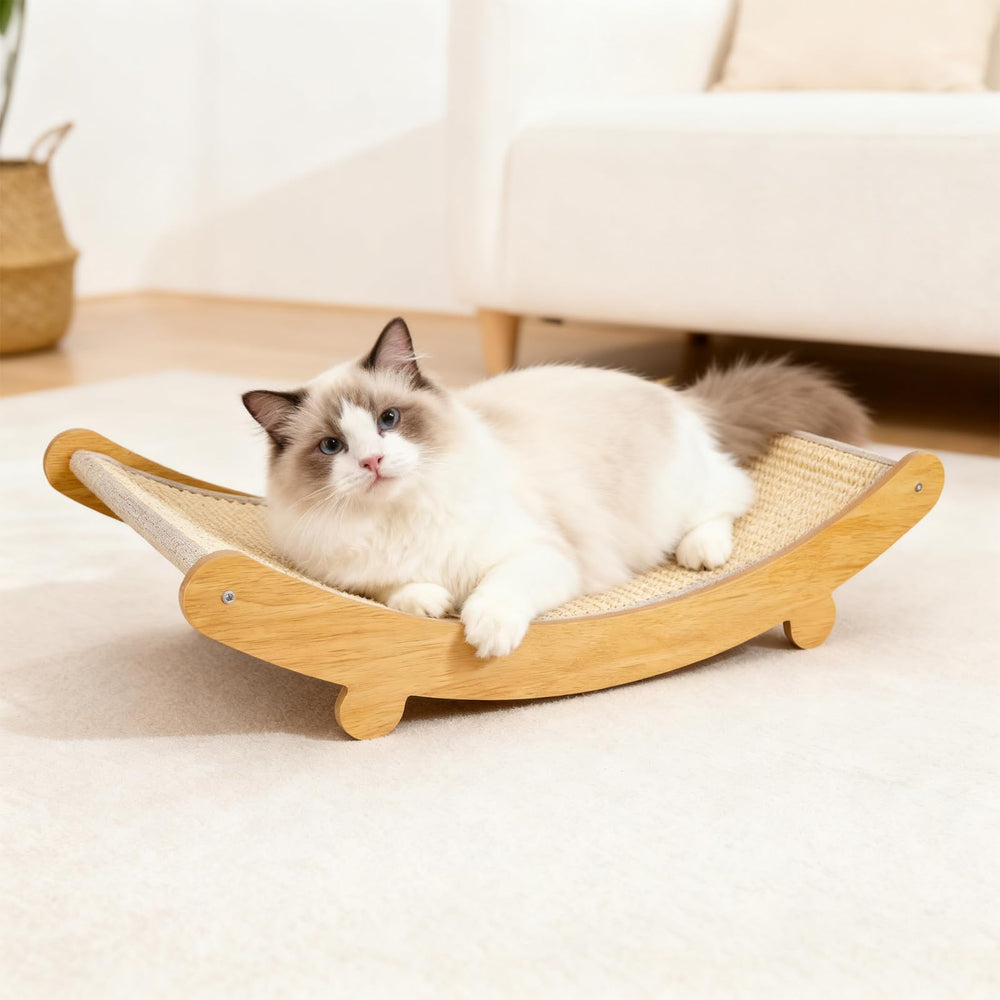 KitchMingle wooden cat scratcher bed with cozy lounge and sturdy post for indoor cats.