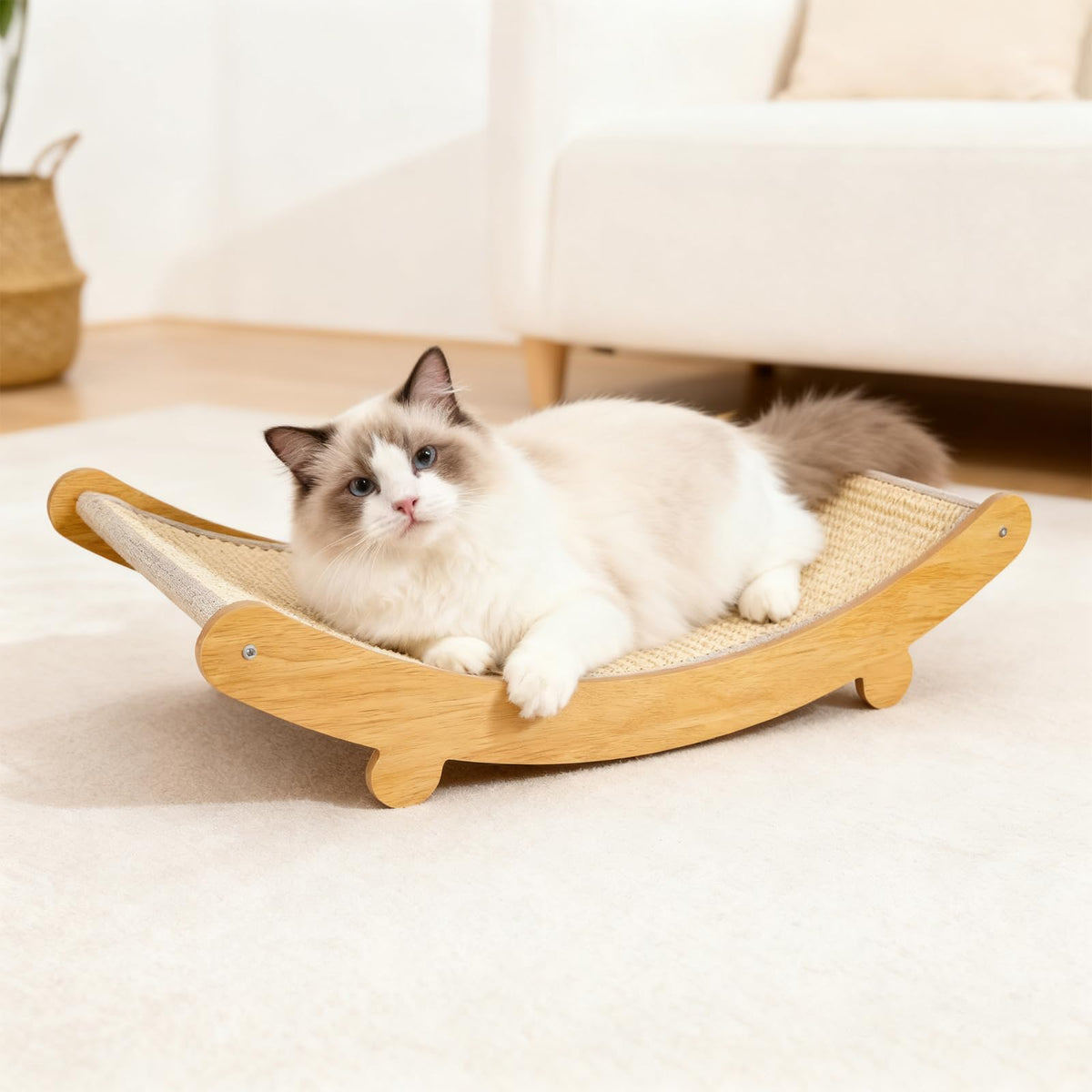 KitchMingle wooden cat scratcher bed with cozy lounge and sturdy post for indoor cats.