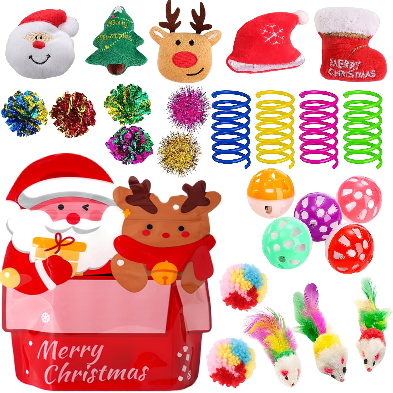 KITCHSTAR 25-pack Christmas cat toy bag close-up showing assorted toys to spark fun play.