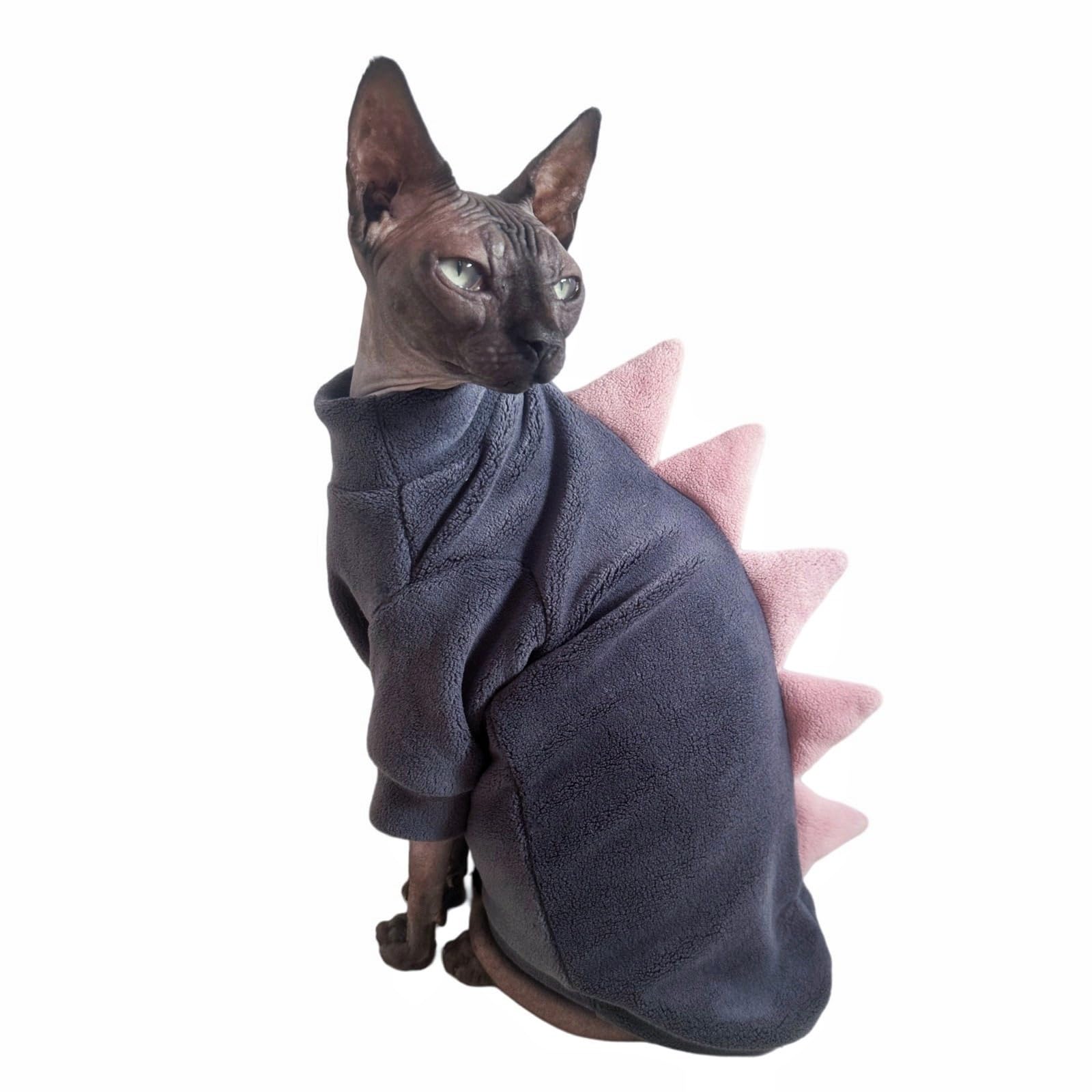 Kitipcoo dinosaur-sphynx cat clothes grey small sweater side view with roomy sleeves for movement.