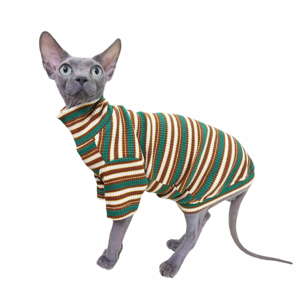 Kitipcoo turtle-neck vintage striped Sphynx shirt front view for daily wear.