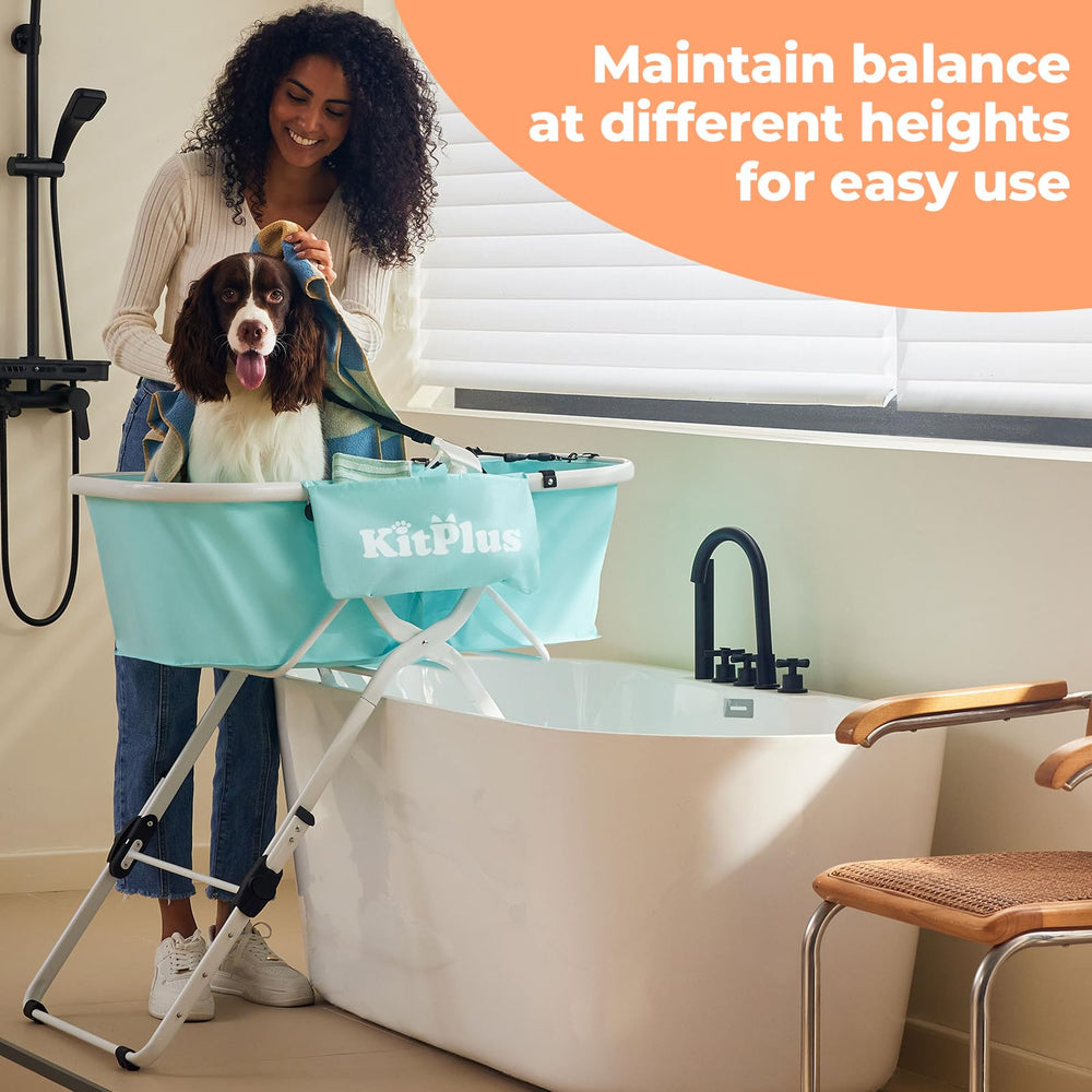KITPLUS side pockets hold shampoo and towels for tidy grooming.