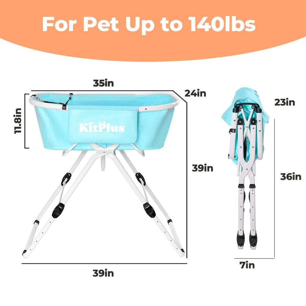 KITPLUS height-adjustable bath station shows five levels for back-friendly grooming.