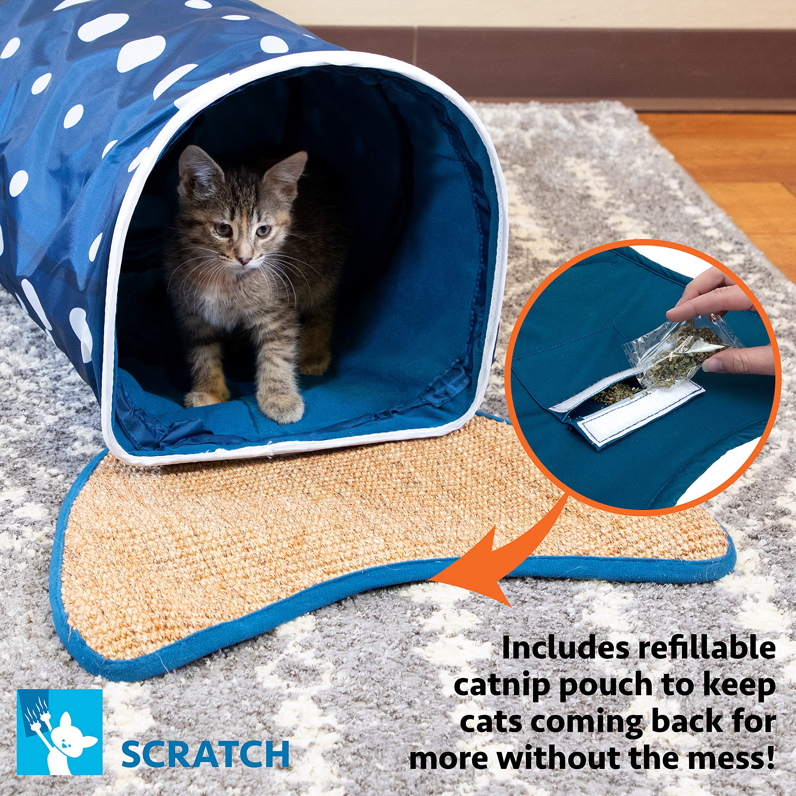 Kitty City Whale Shark Tunnel tail scratch pad supports claw care after sessions.