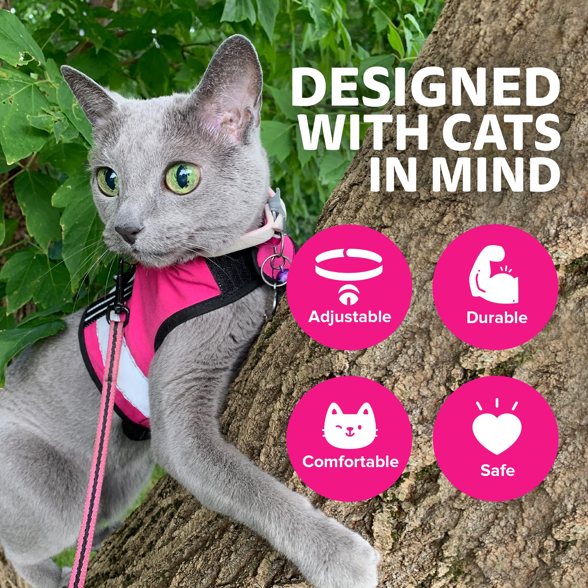 Kitty Holster Reflective Harness in Flamingo Pink highlighting color and visibility.