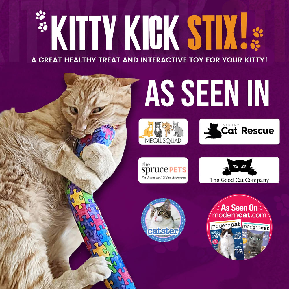 Kitty Kick Stix soft cotton cover inviting hugging, kicking, and fetch.