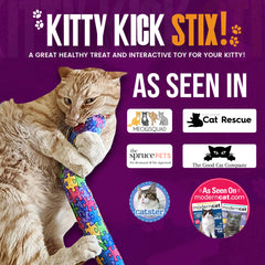 Kitty Kick Stix soft cotton cover inviting hugging, kicking, and fetch.