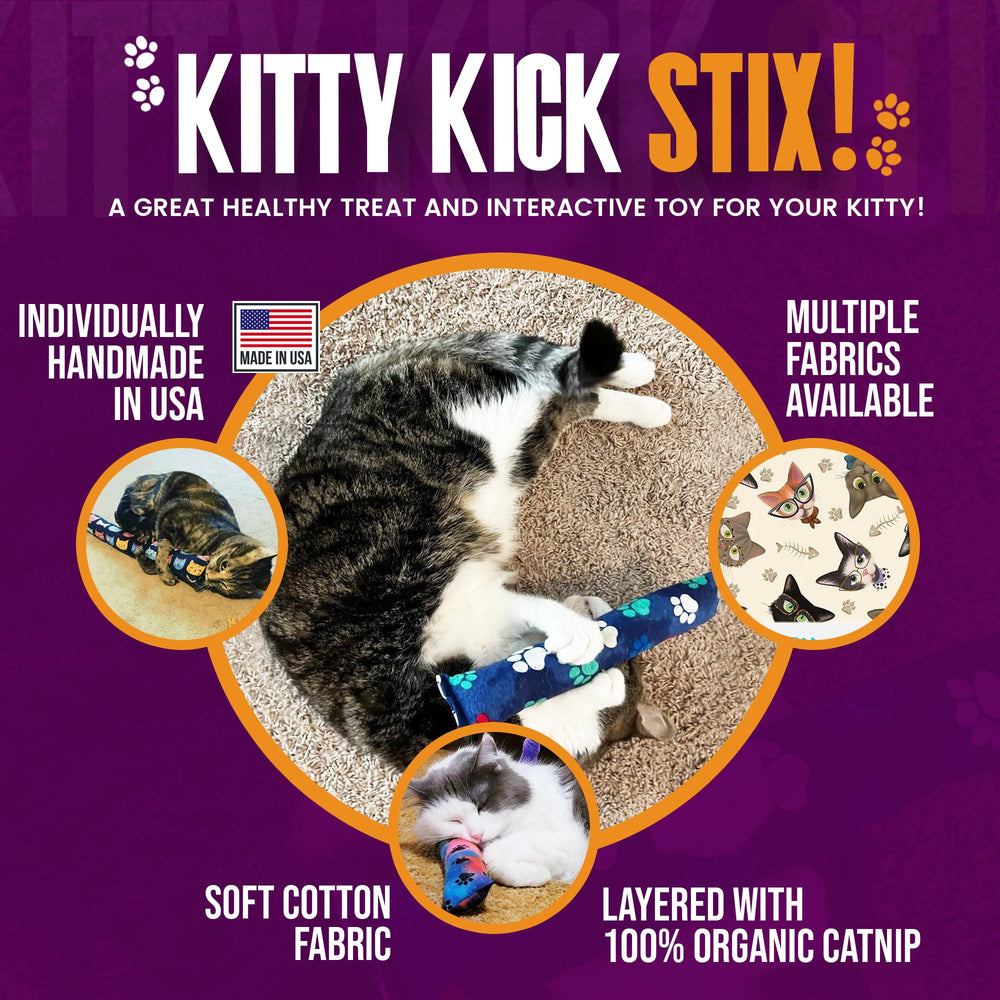 Kitty Kick Stix 100% USA catnip inside—aroma that invites playful bursts.