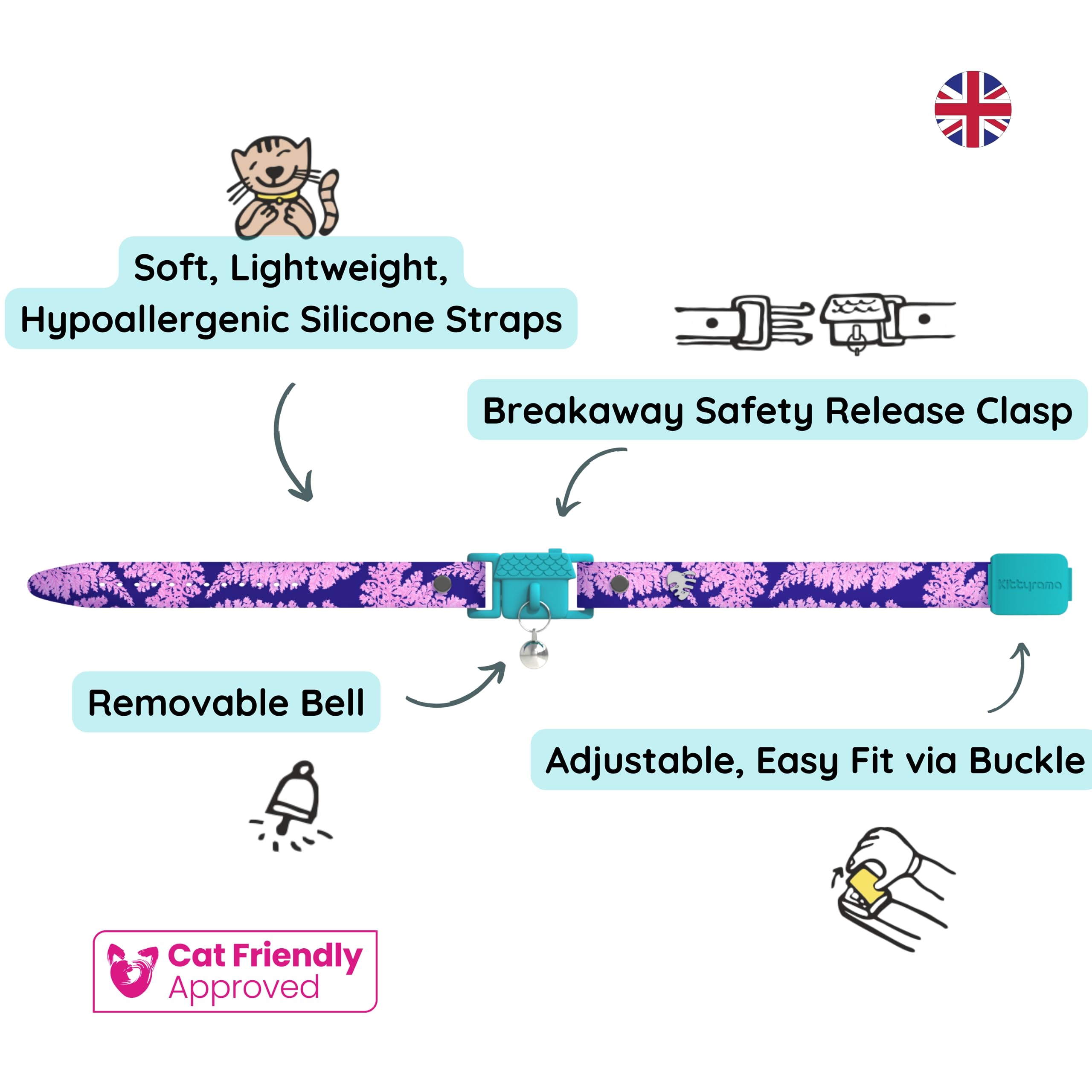 Kittyrama Botanicals Fern collar demonstrates quick-release breakaway safety during adventures.