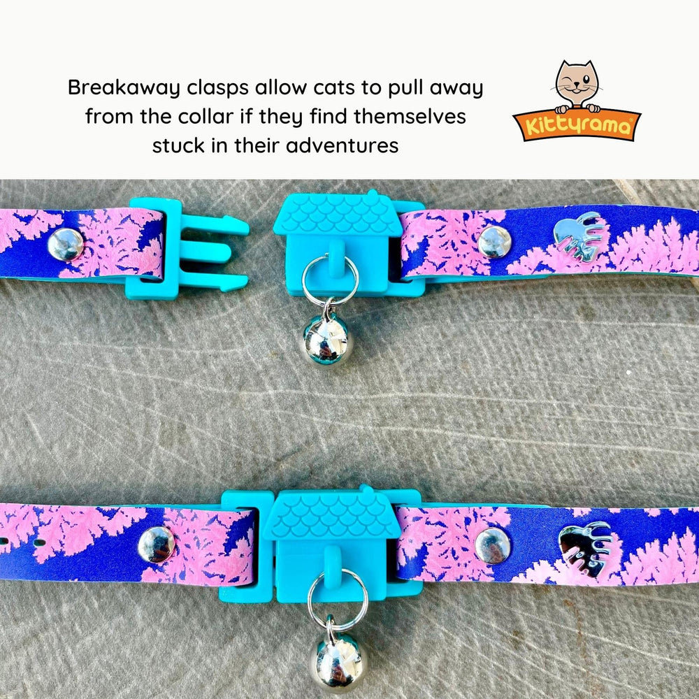 Kittyrama Botanicals Fern collar on moisture-resistant silicone strap for neck comfort.
