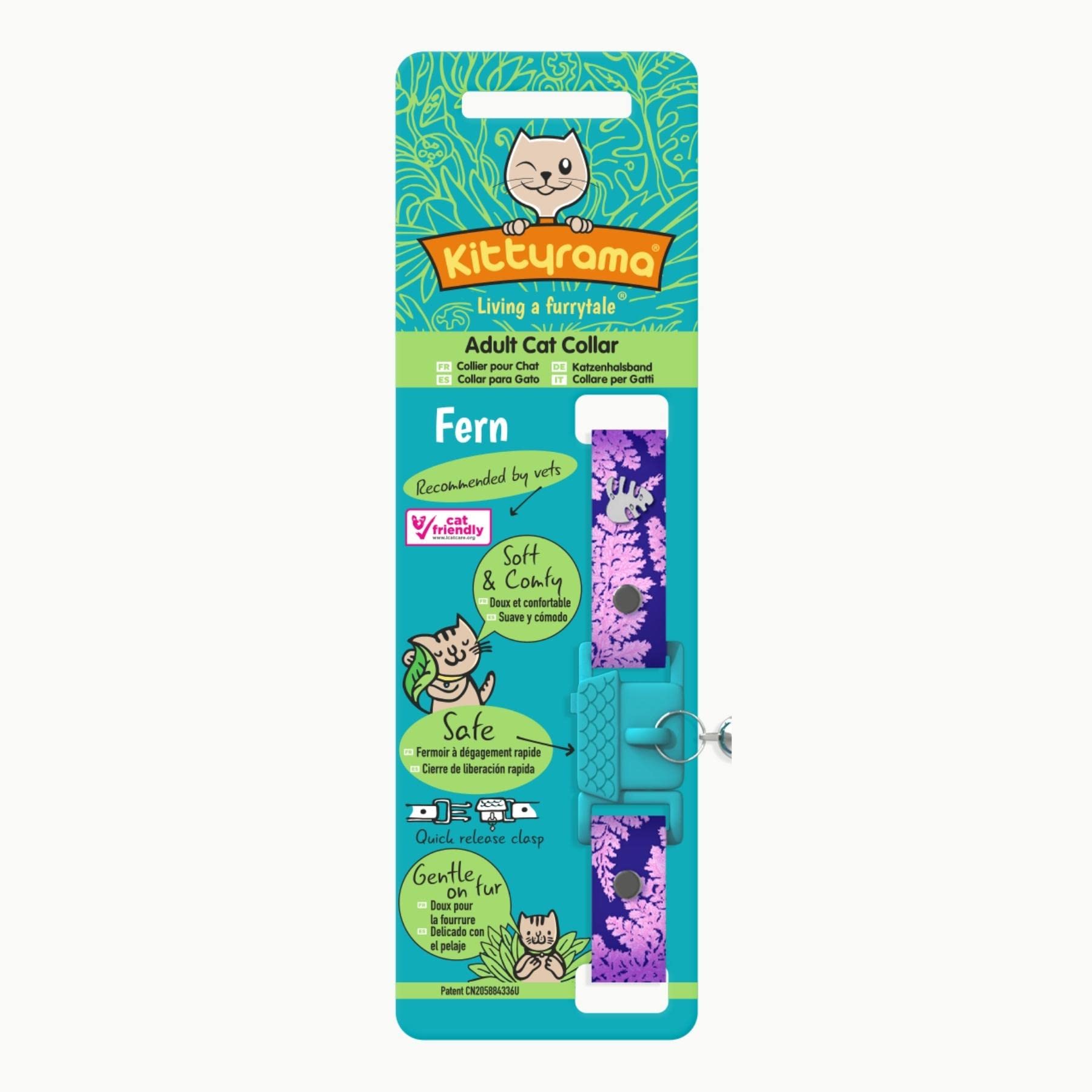 Kittyrama Fern collar with bell signals safer play and reduced hunting.