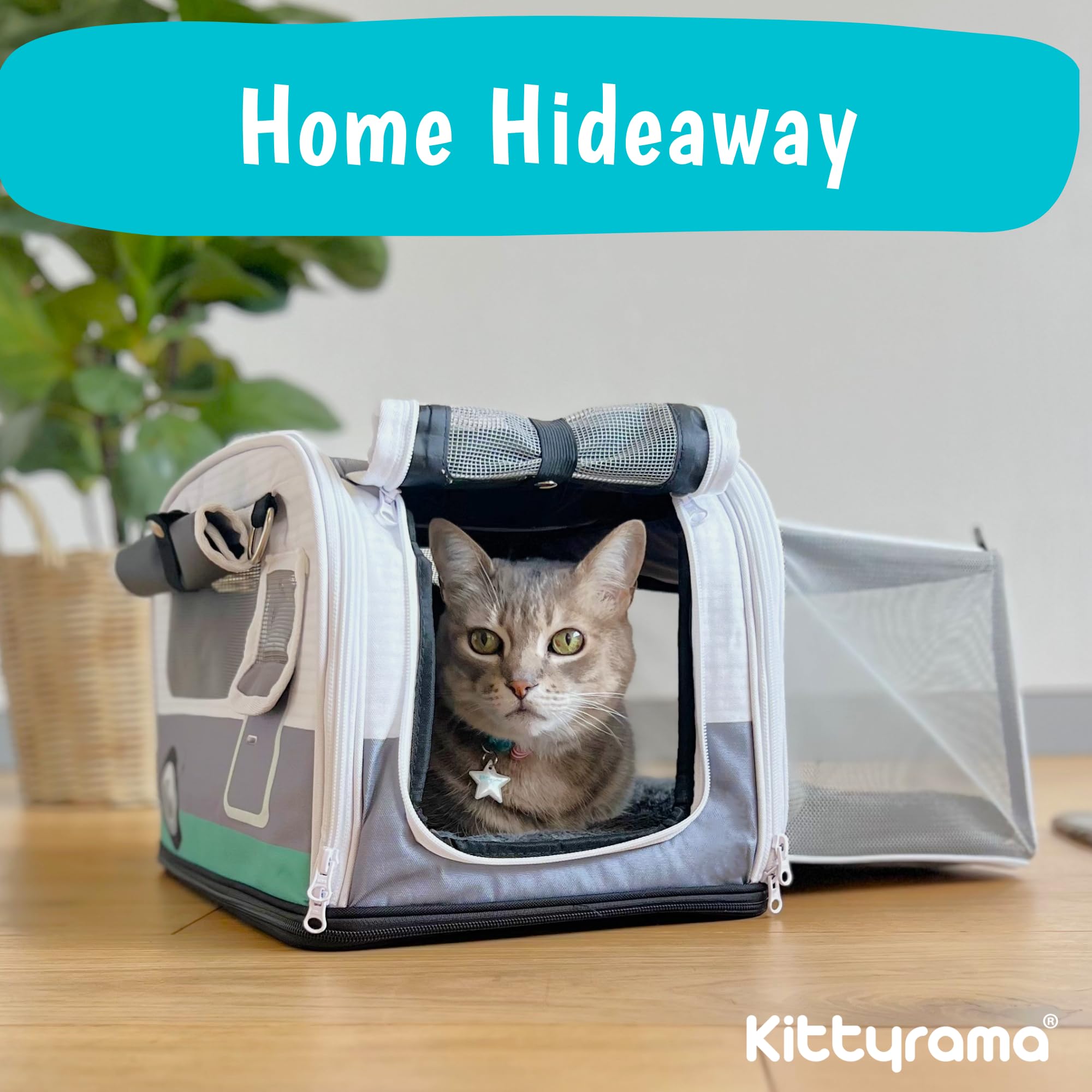 Kittyrama wipe-clean PU-coated walls with spill-proof base tray.