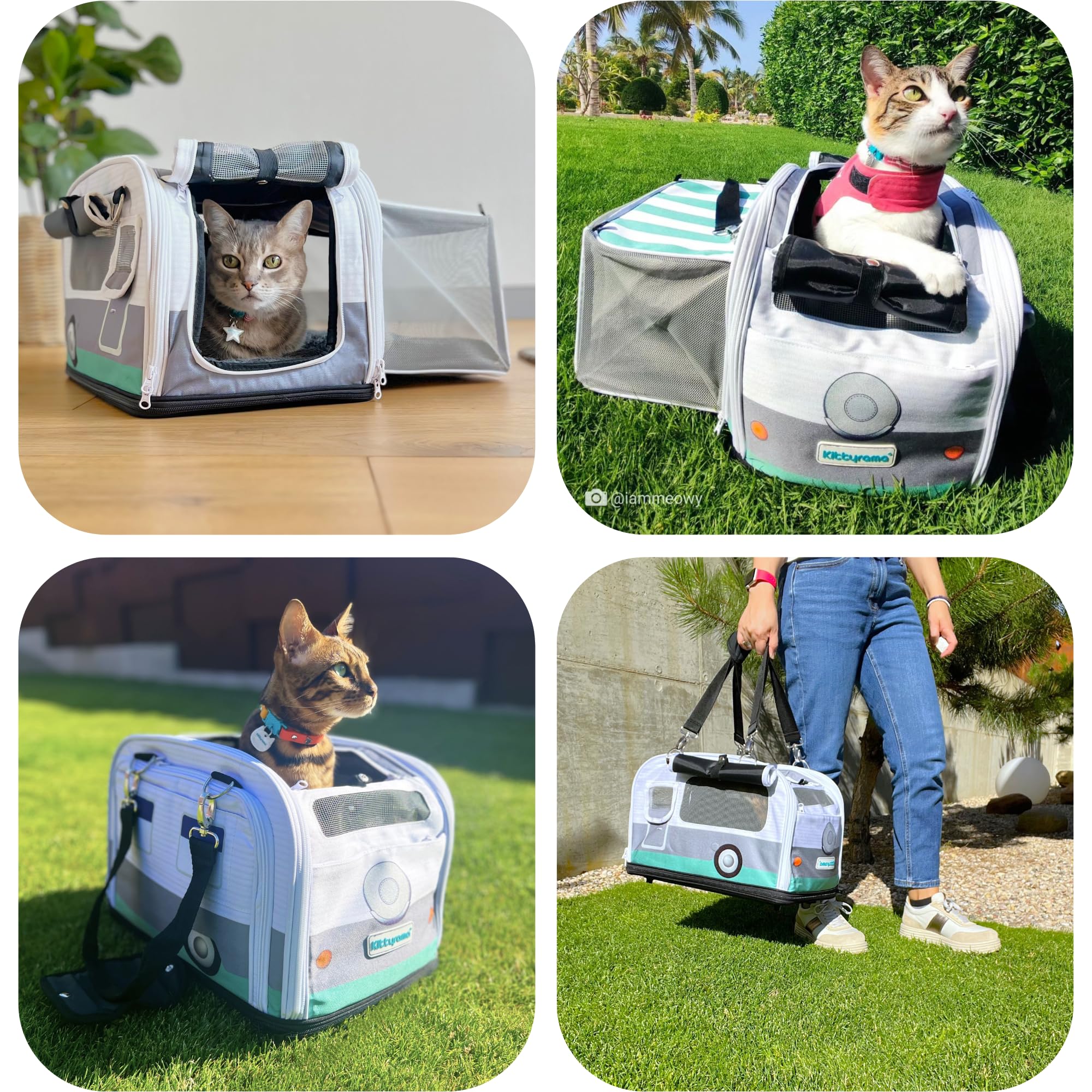 Kittyrama built-in seat-belt holder stabilizes carrier during travel.