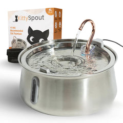 KittySpout stainless steel fountain top view demonstrates a compact, stylish indoor hydration hub.