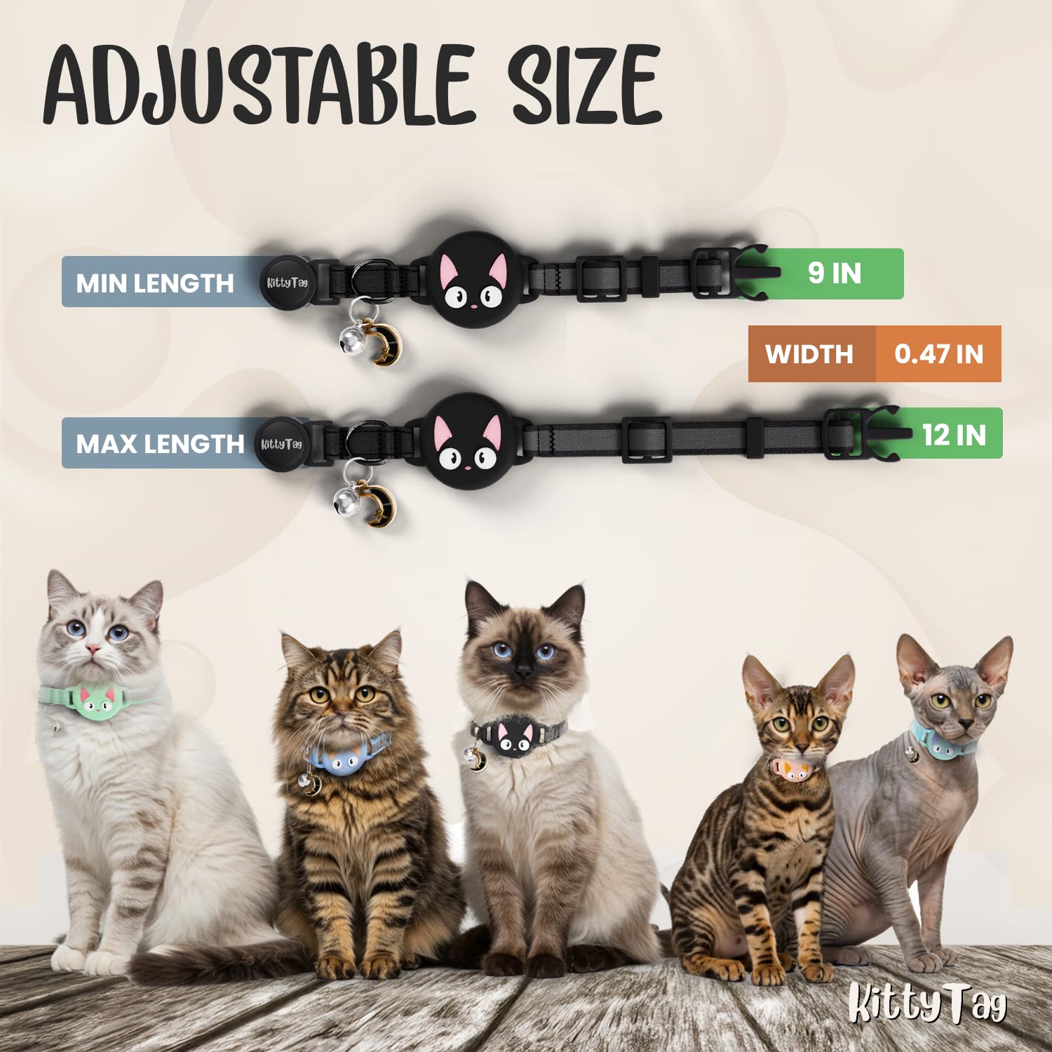 KittyTag collar negro discreto y duradero para gatos.