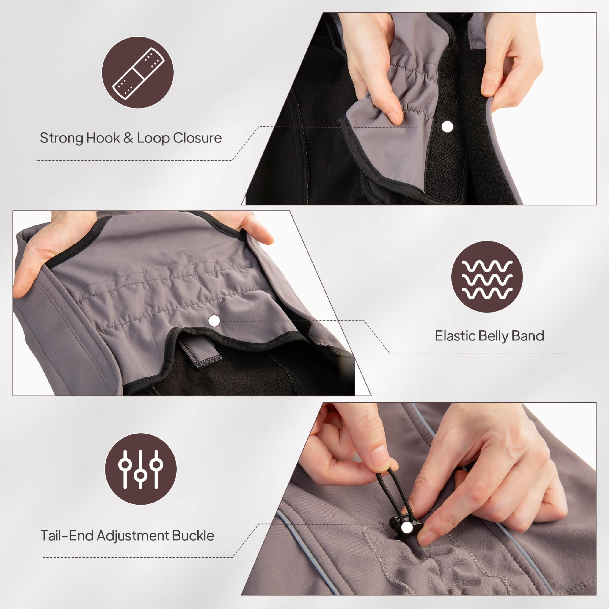 KITVAMREX coat shows adjustable neck and tail buckles for secure fit.
