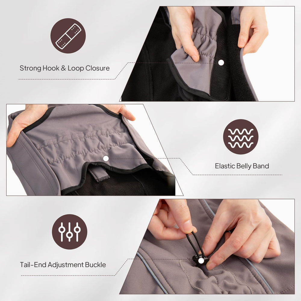 KITVAMREX coat shows adjustable neck and tail buckles for secure fit.
