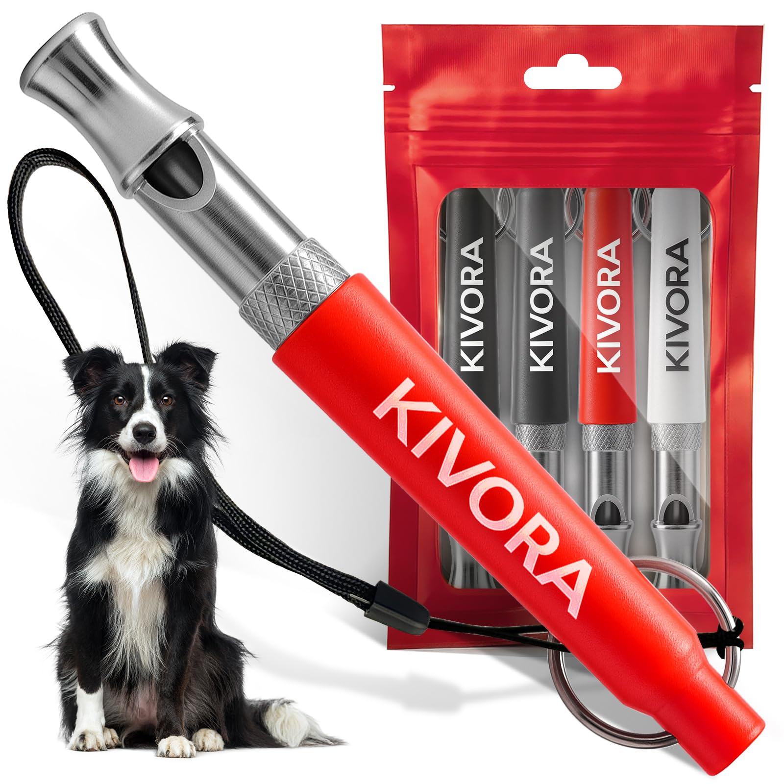 KIVORA 4-pack dog whistle red close-up for outdoor training and barking control.