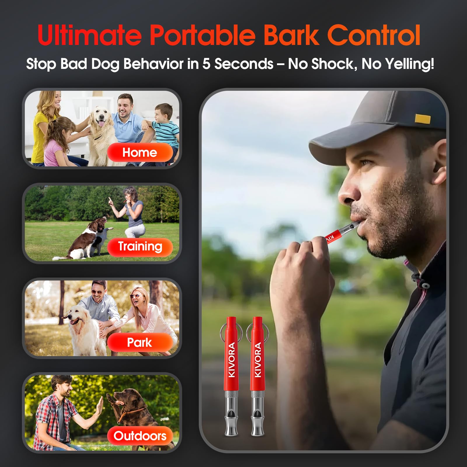 KIVORA dog whistle with recall range up to 4000 ft.