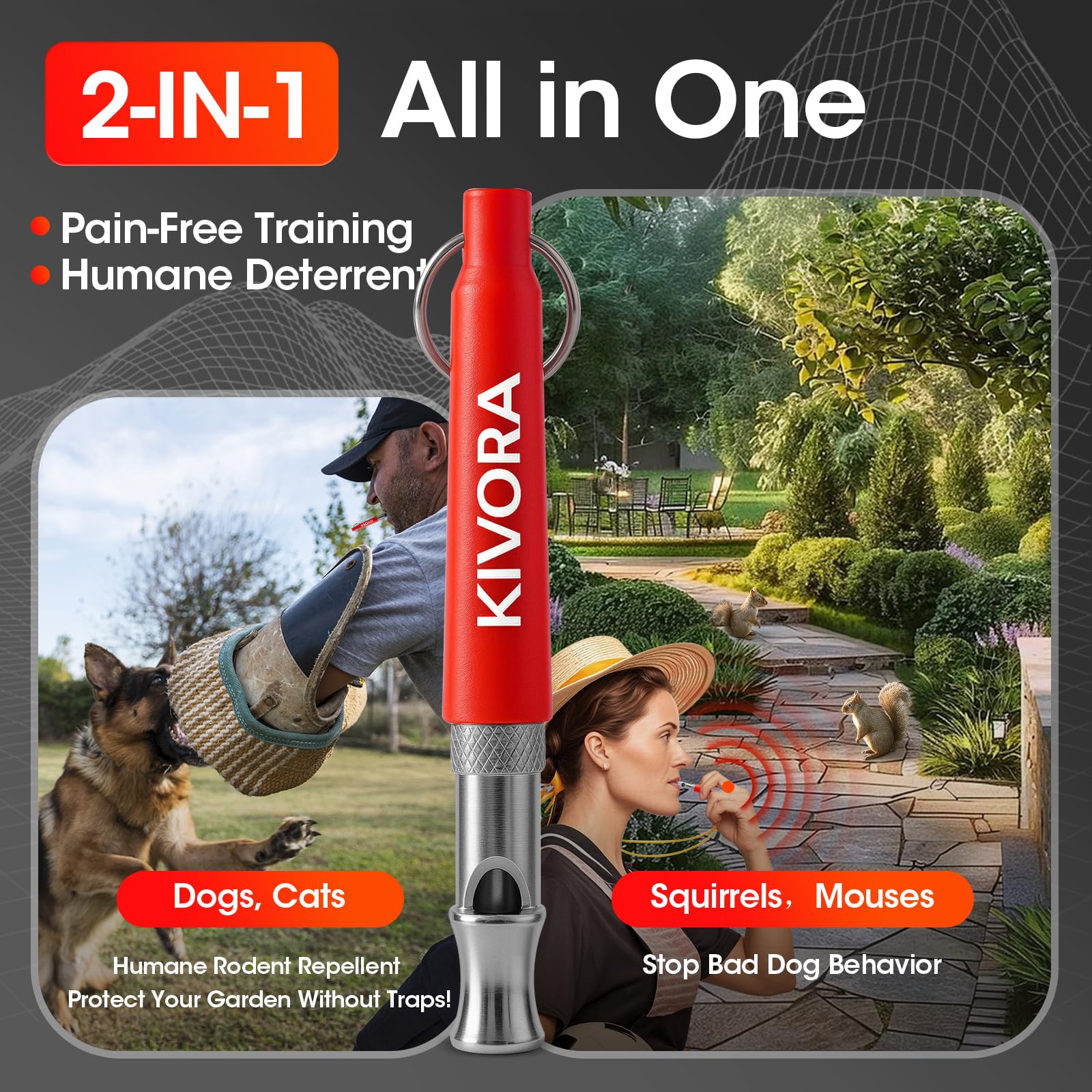 KIVORA IPX4 waterproof dog whistle shown in rain during walks.