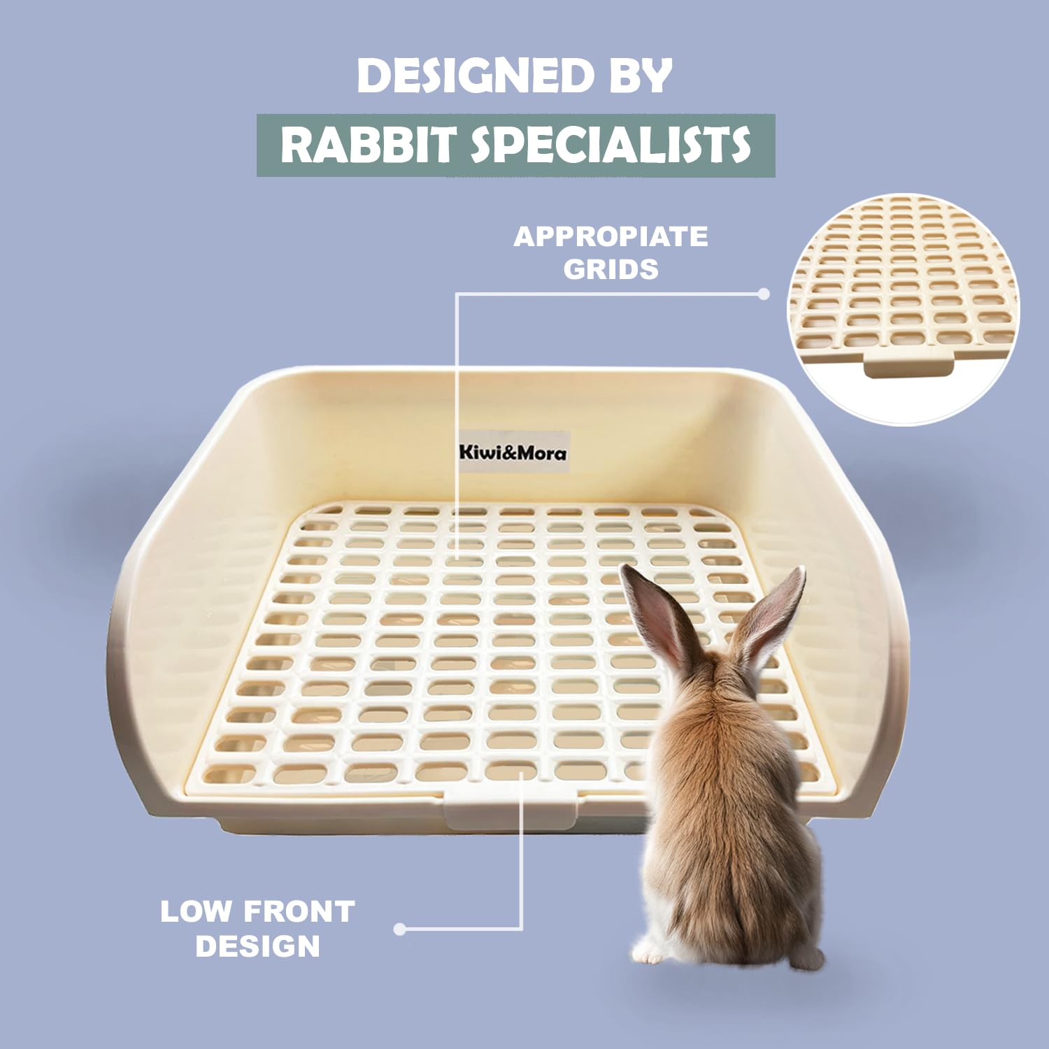 Kiwi & Mora rabbit litter box assembly image highlights quick disassembly for easy cleaning.