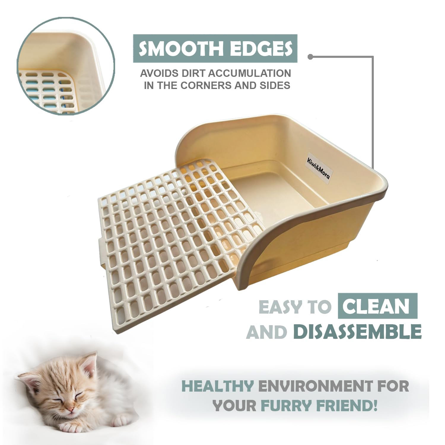 Kiwi & Mora rabbit litter box tall walls prevent splashes and protect furniture.