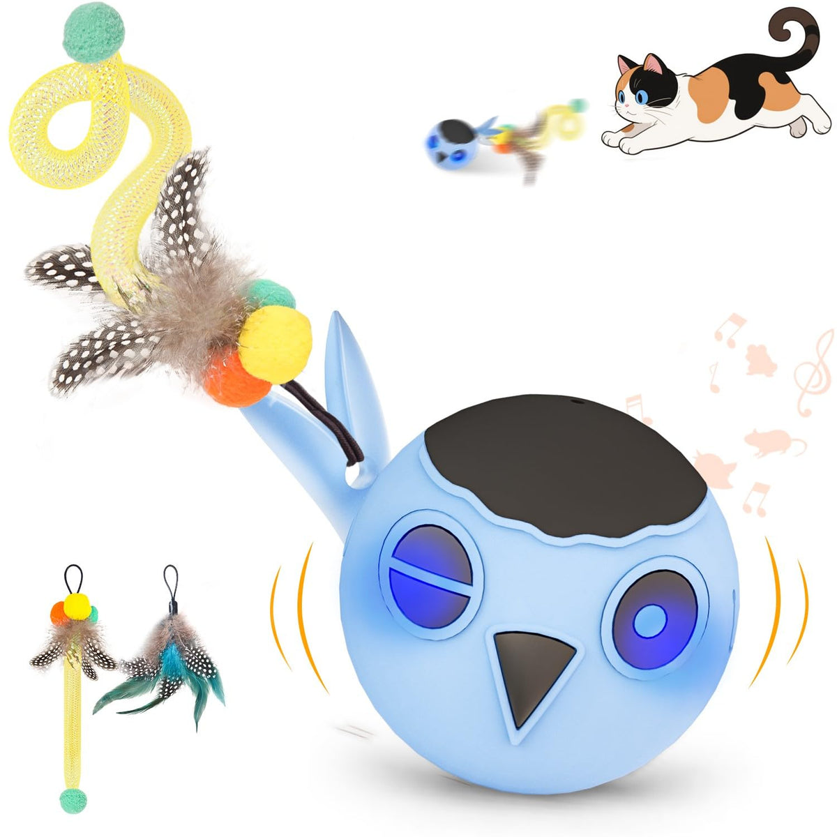 KiwiLove cat toy blue ball motion chirping in action for active indoor cats.