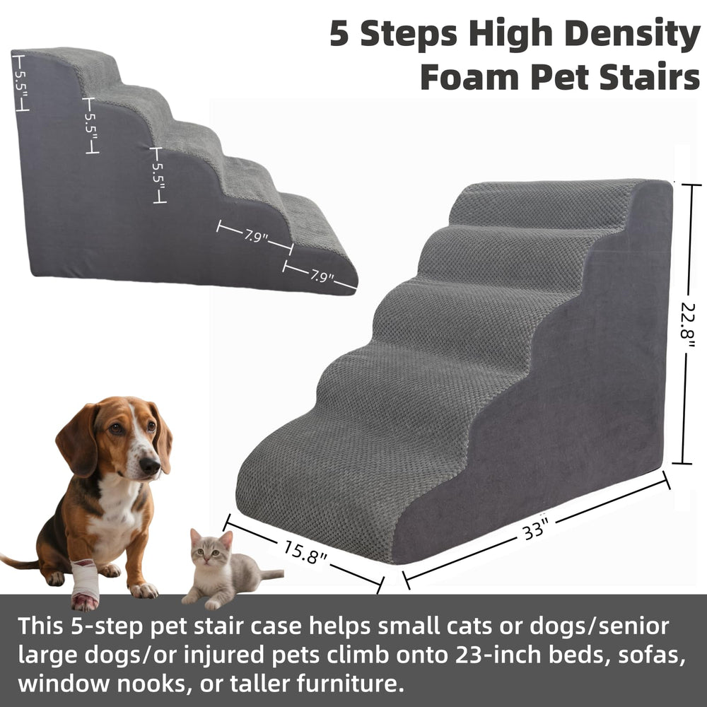 KIWIWOOF 5-step pet stairs side view showing sturdy foam core and stability.