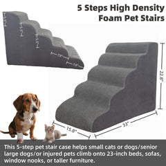 KIWIWOOF 5-step pet stairs side view showing sturdy foam core and stability.
