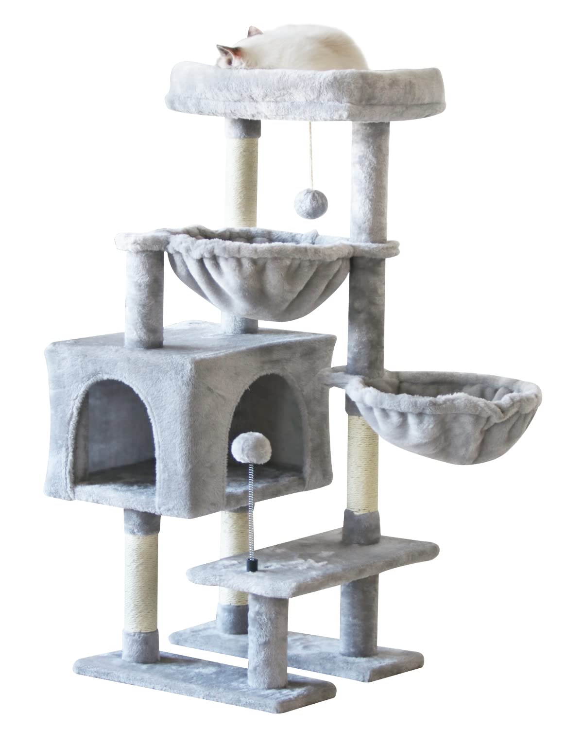 KIYUMI cat tree assembly view shows sturdy multi-level design for safe indoor exploration.