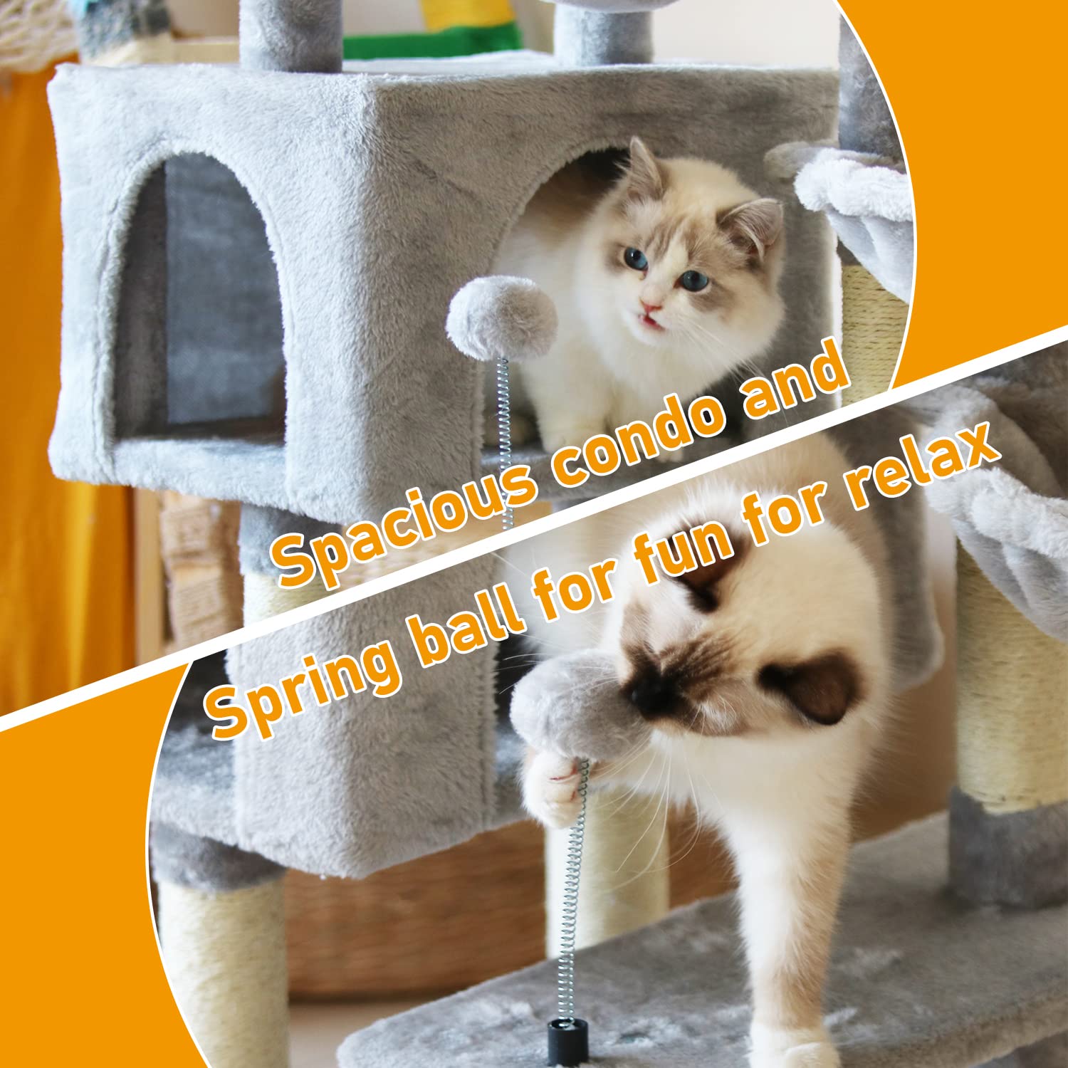 KIYUMI cat tree faux fur adds soft surface for playful lounging and naps.