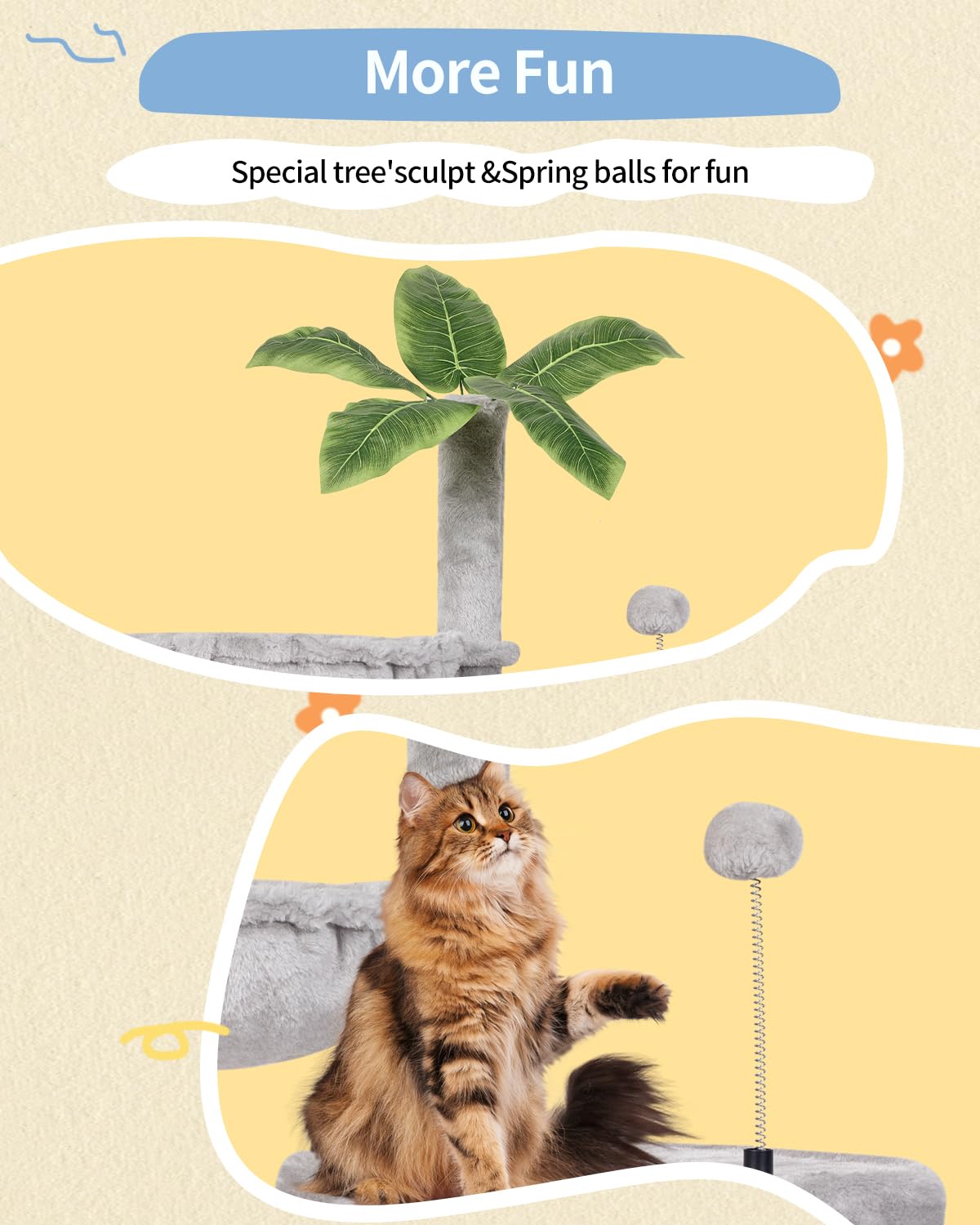 KIYUMI cat tree-kitten-ball-toys-grey features built-in toys to keep cats engaged