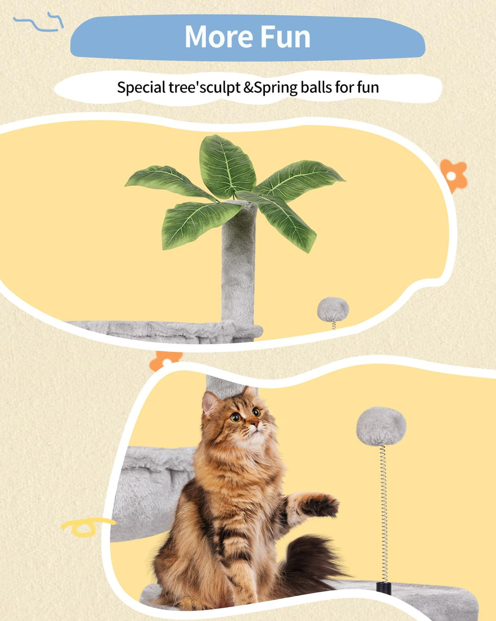 KIYUMI cat tree-kitten-ball-toys-grey features built-in toys to keep cats engaged