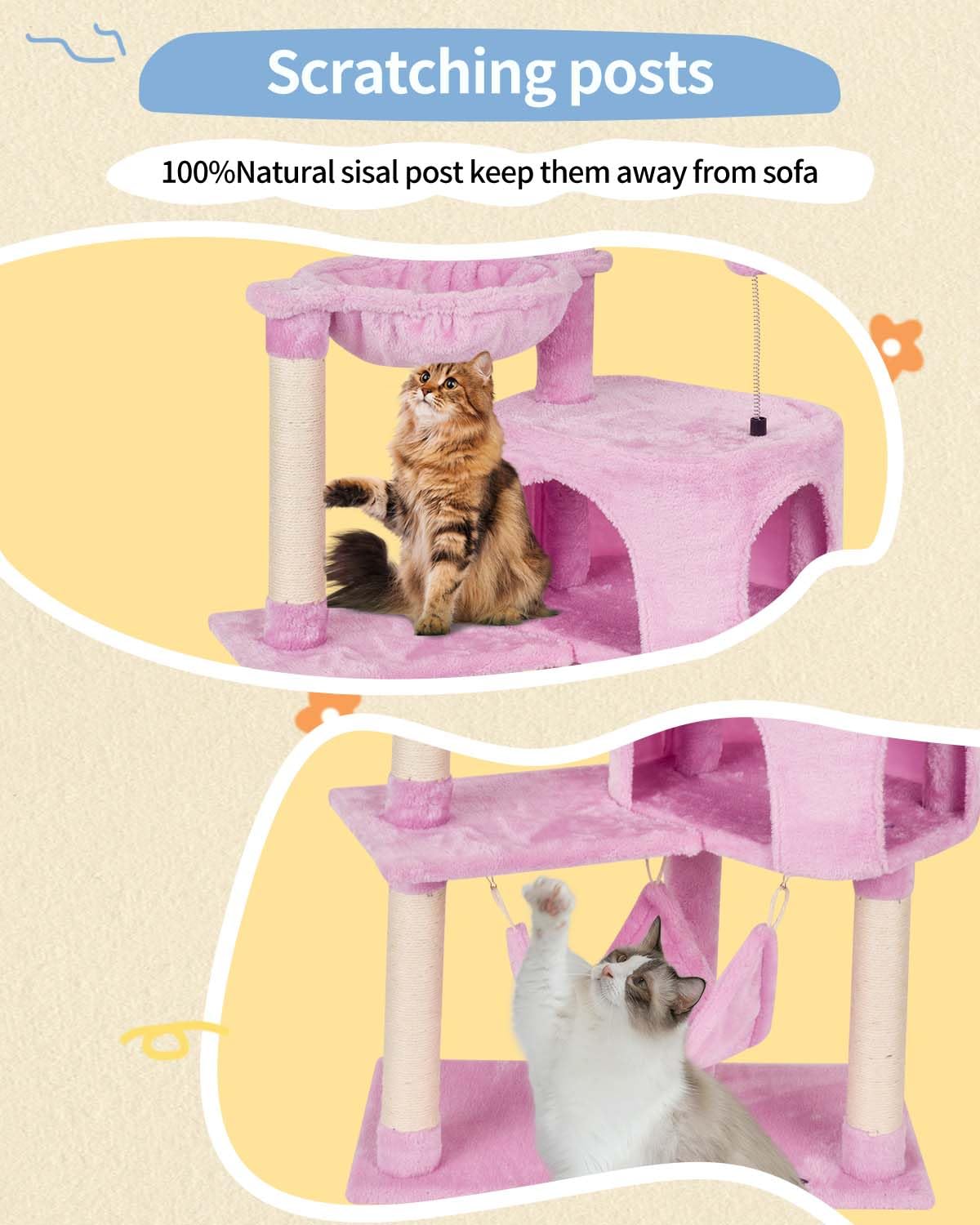 KIYUMI kitten-ball-toys attached to cat tree boost play and engagement.