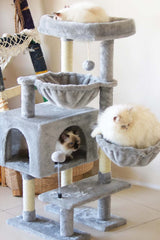 KIYUMI cat tree top perch features plush faux fur for comfortable feline perching.
