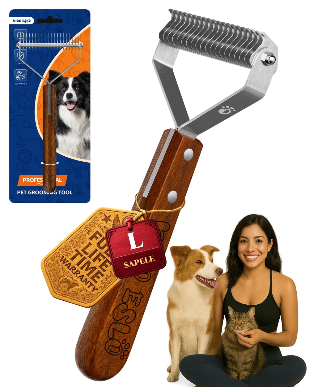 KIZO ESLO dog brush shedding 20 blade dematting tool close-up for efficient detangling