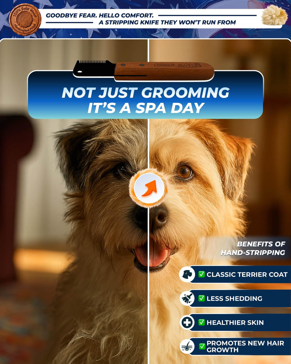 KIZO ESLO dog grooming tool with wooden handle in use.