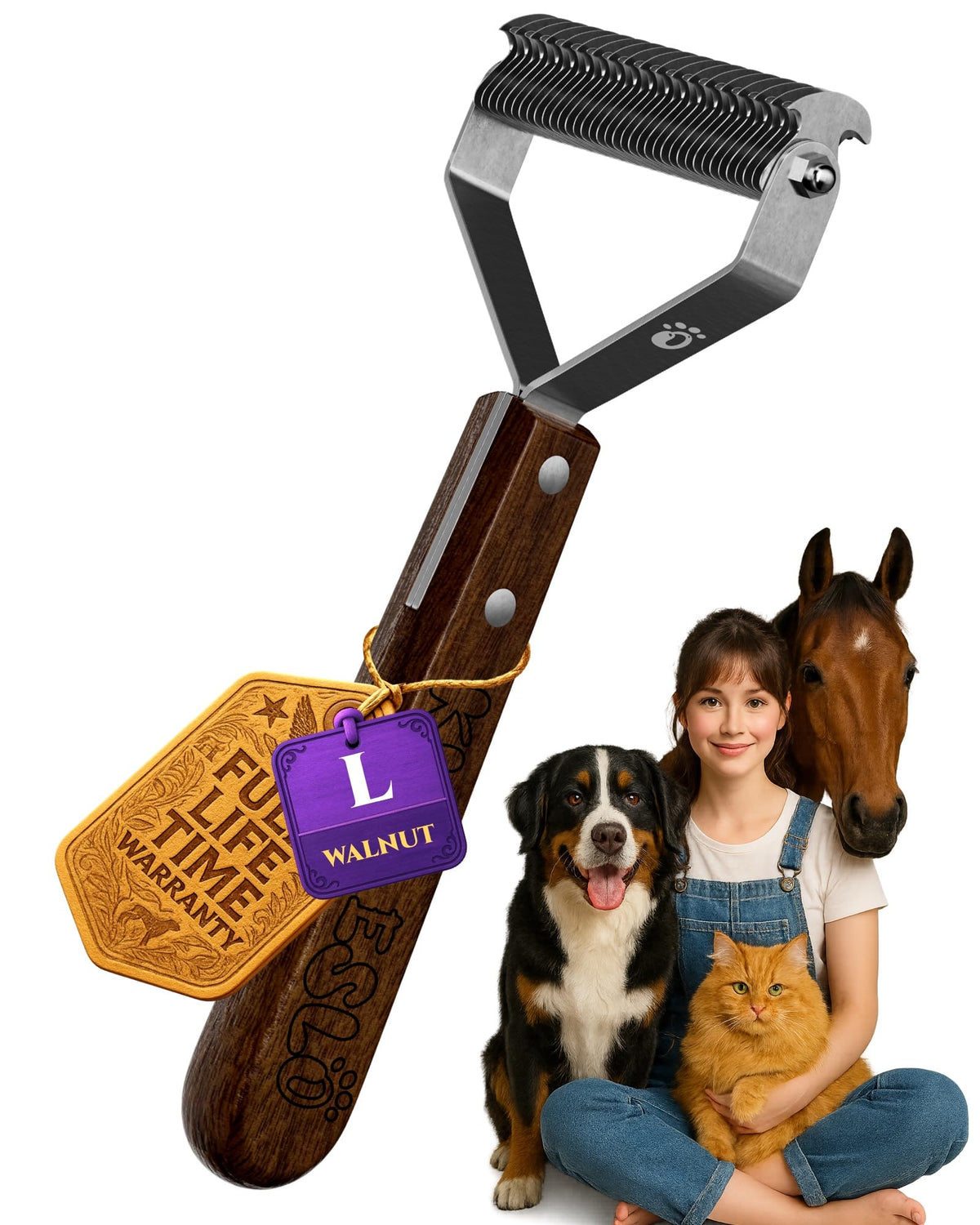 KIZO ESLO large dual-sided brush for dogs and cats enables shedding control