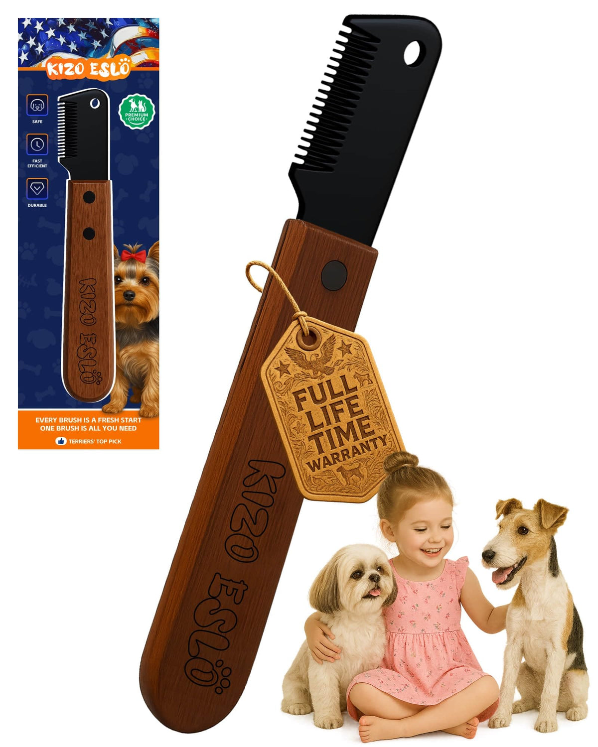 KIZO ESLO stripping knife handle close-up for comfortable grooming.