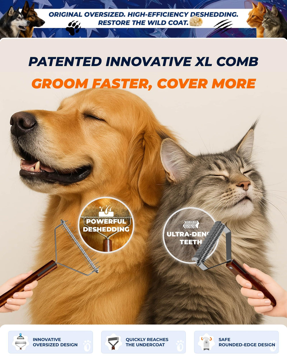 KIZO ESLO undercoat rake teeth close-up showing gentle deshedding action