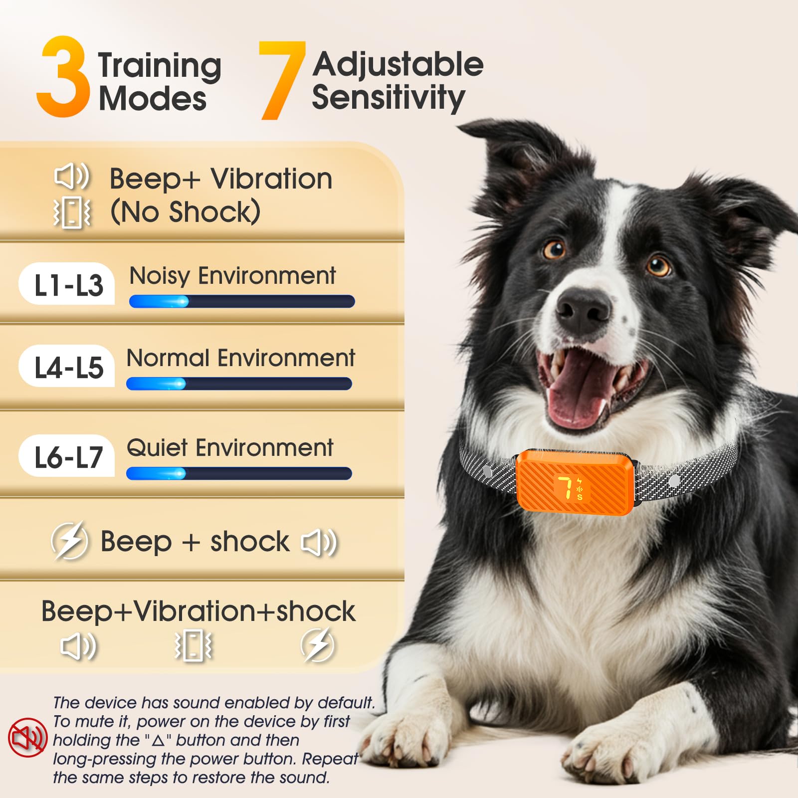 KJKZO AI-smart bark collar technology diagram highlights dual-sensor accuracy