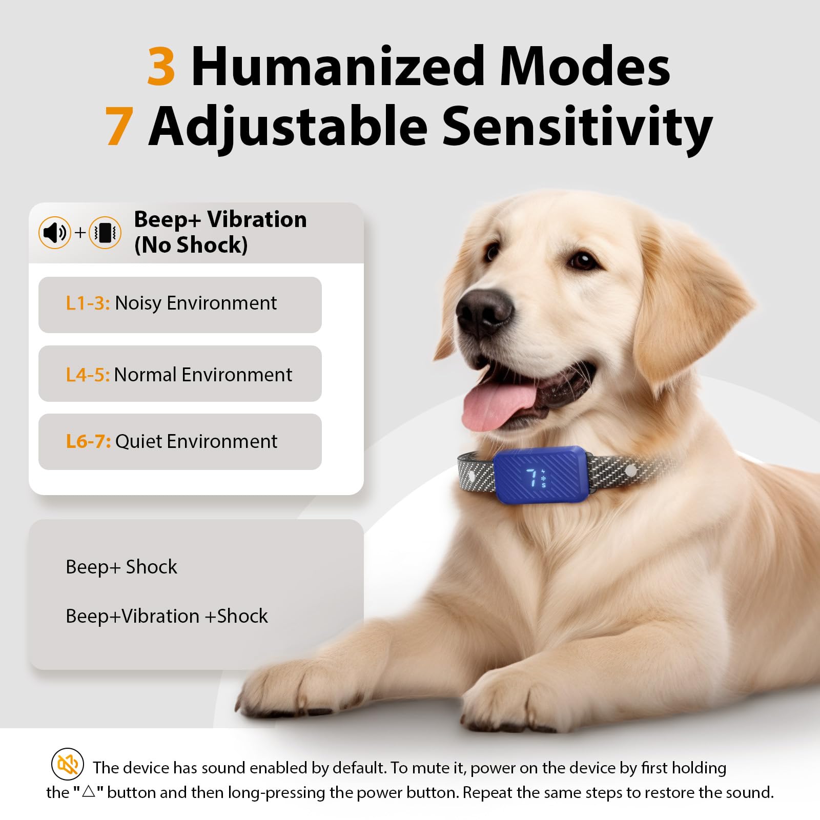 Close-up of KJKZO bark collar showing 3 training modes for versatile training.