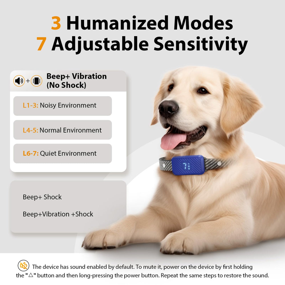 Close-up of KJKZO bark collar showing 3 training modes for versatile training.