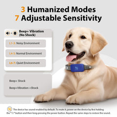 Close-up of KJKZO bark collar showing 3 training modes for versatile training.
